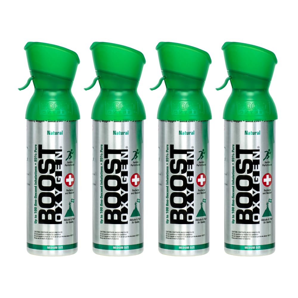 Boost Oxygen Canned Oxygen for Breathing for Home Use, Exercise, or Altitude Sickness, Includes Sealed Cap & Mask, 5L Canister, Multicolor, Pack of 4