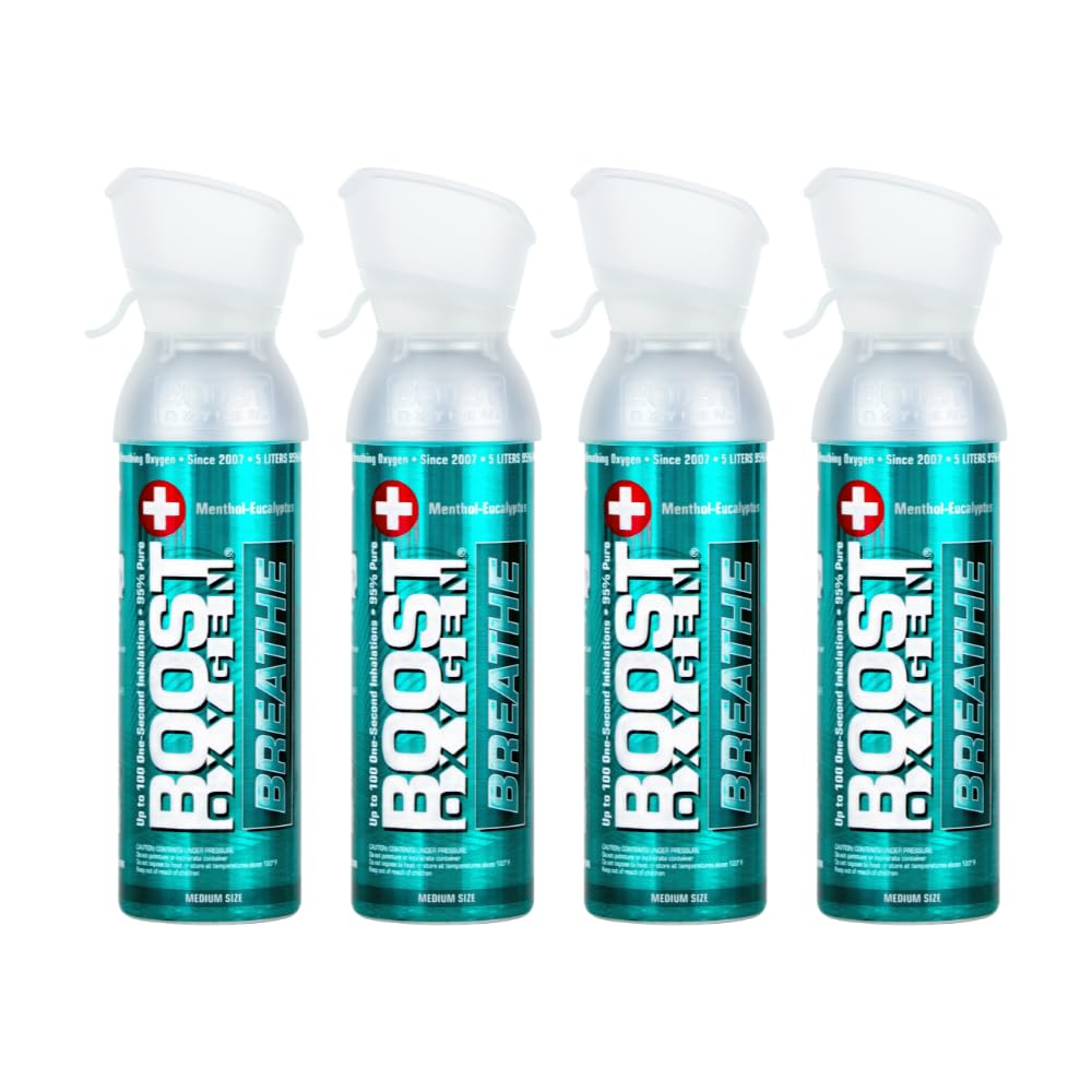 Boost Oxygen Canned Oxygen for Breathing for Home Use, Exercise, or Altitude Sickness, Includes Sealed Cap & Mask, 5L Canister, Multicolor, Pack of 4