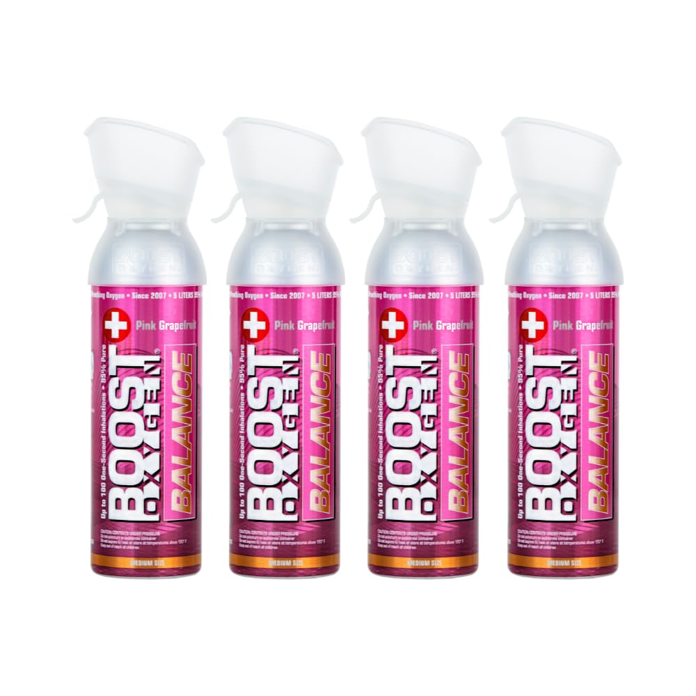 Boost Oxygen Canned Oxygen for Breathing for Home Use, Exercise, or Altitude Sickness, Includes Sealed Cap & Mask, 5L Canister, Multicolor, Pack of 4