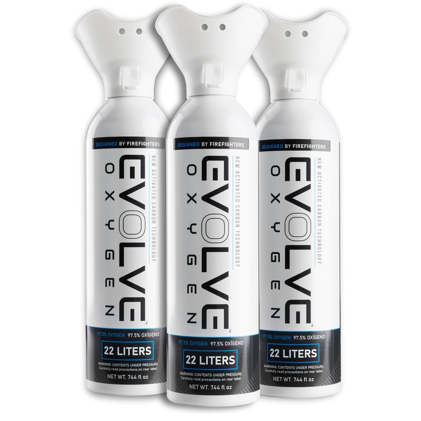 EVOLVE 22-Liter Pure Oxygen Canister with Breathing Cup | Portable Oxygen Can | Ideal for Home Use and Outdoor Activities | Designed by Firefighters | Made in The USA | Pack of 3