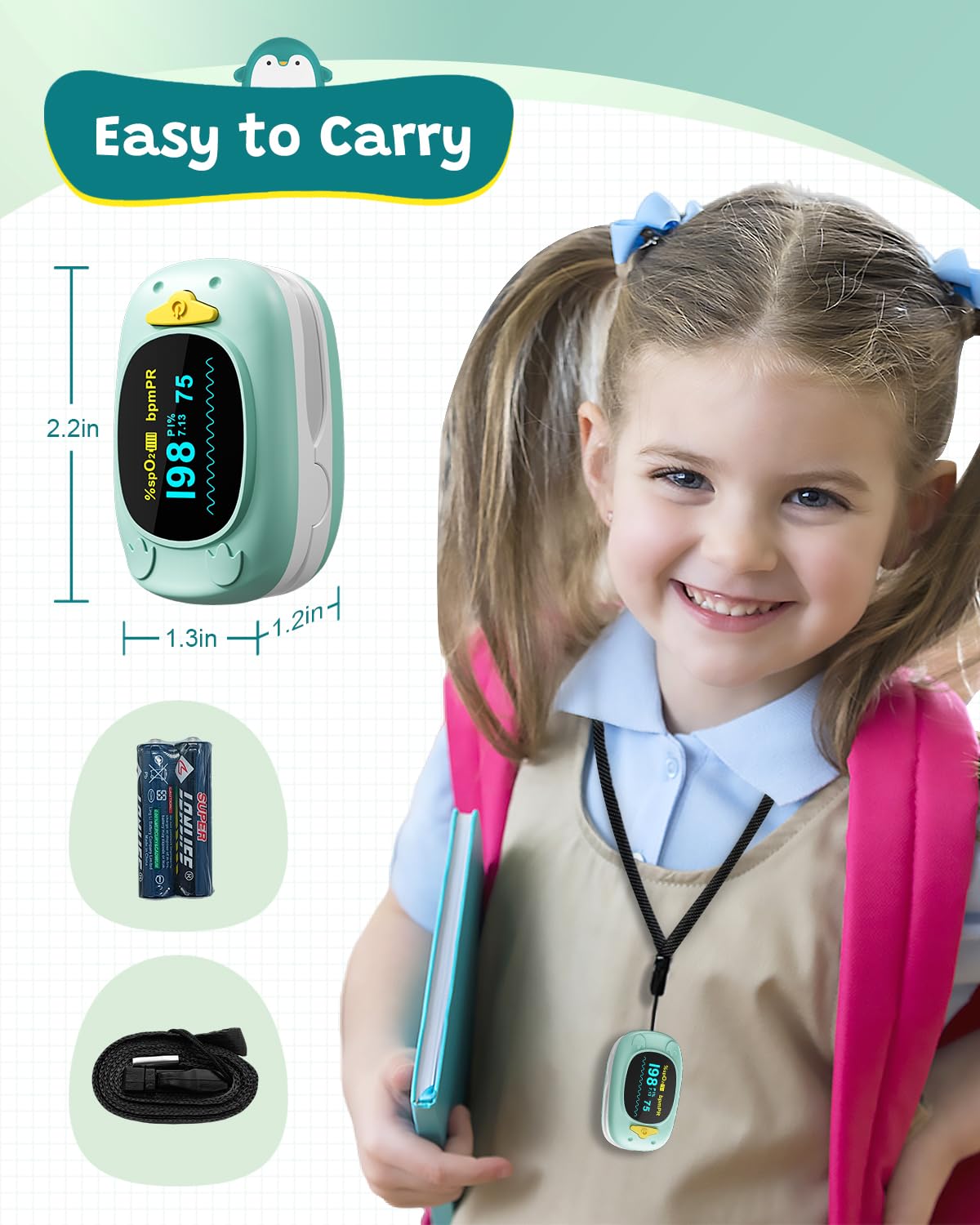 Children Pulse Oximeter Fingertip Pulse Oximeter for Kids Child Blood Oxygen Monitor Portable Blood Oxygen Saturation Monitor SpO2 Finger Pulse Oximeter Included With AAA Battery