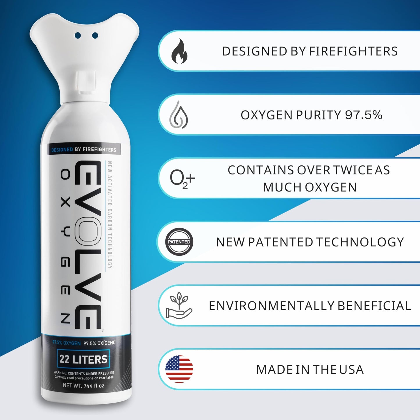 EVOLVE 22-Liter Pure Oxygen Canister with Breathing Cup | Portable Oxygen Can | Ideal for Home Use and Outdoor Activities | Designed by Firefighters | Made in The USA | Pack of 3