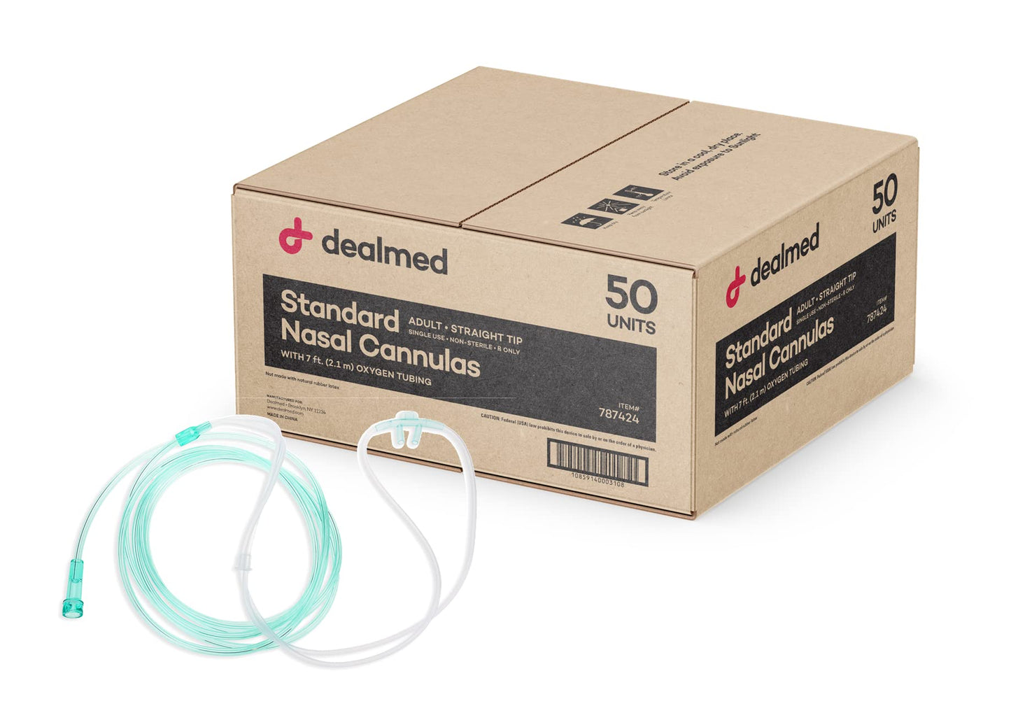 Dealmed Adult Standard Nasal Cannula – Straight with 7 ft (2.1m), Soft Green, Cannula Nasal Tubing for Oxygen, Highly Visible, Kink Resistant, Lightweight Tubing (5 Pack)