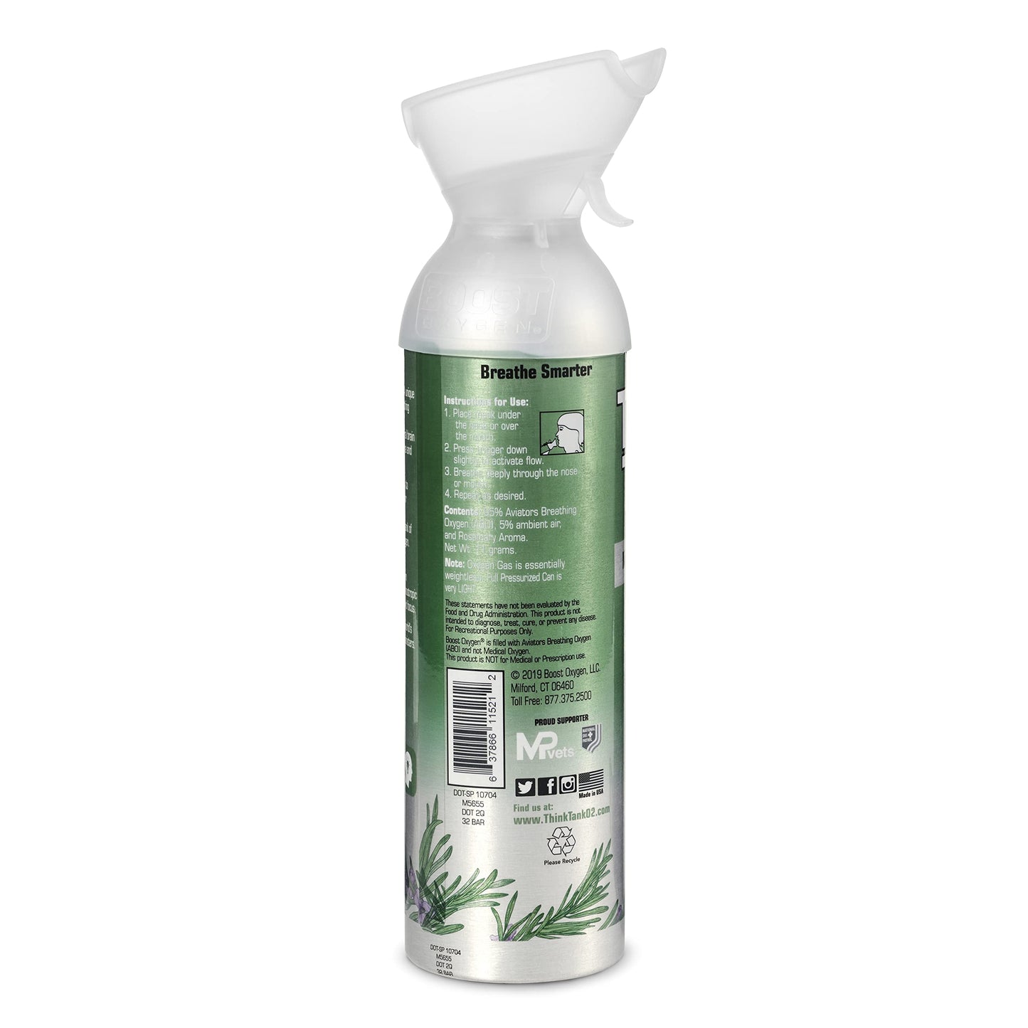 Boost Oxygen Canned 10 Liter Natural Flavored Oxygen Boost Portable Canister Bottle for High Altitudes, Athletes, and More, Green/Silver (5 Pack)