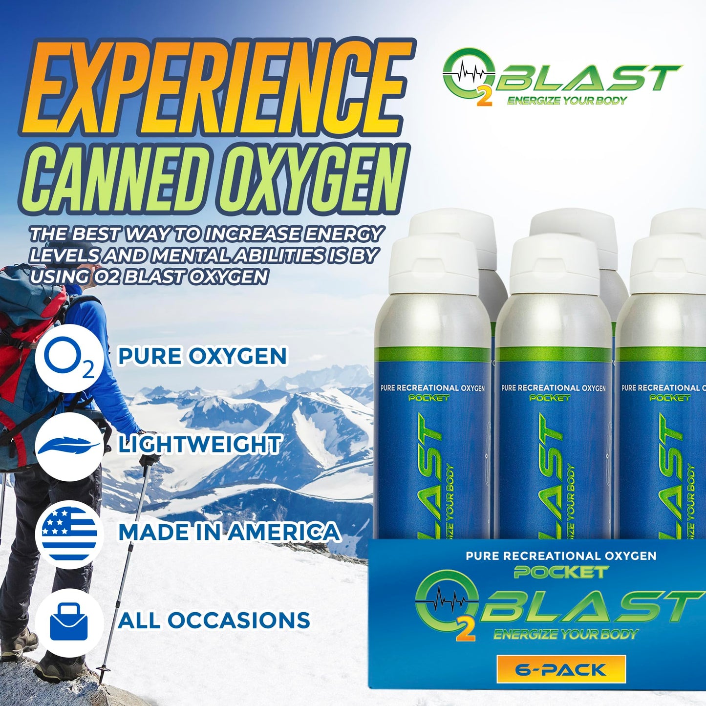 O2 Blast, Pure Oxygen Supplement, Quick Recovery for Exercise and Focus. Sanitary Flip Top Cap (4 Liter Oxygen Canisters - 3 Pack - Natural)