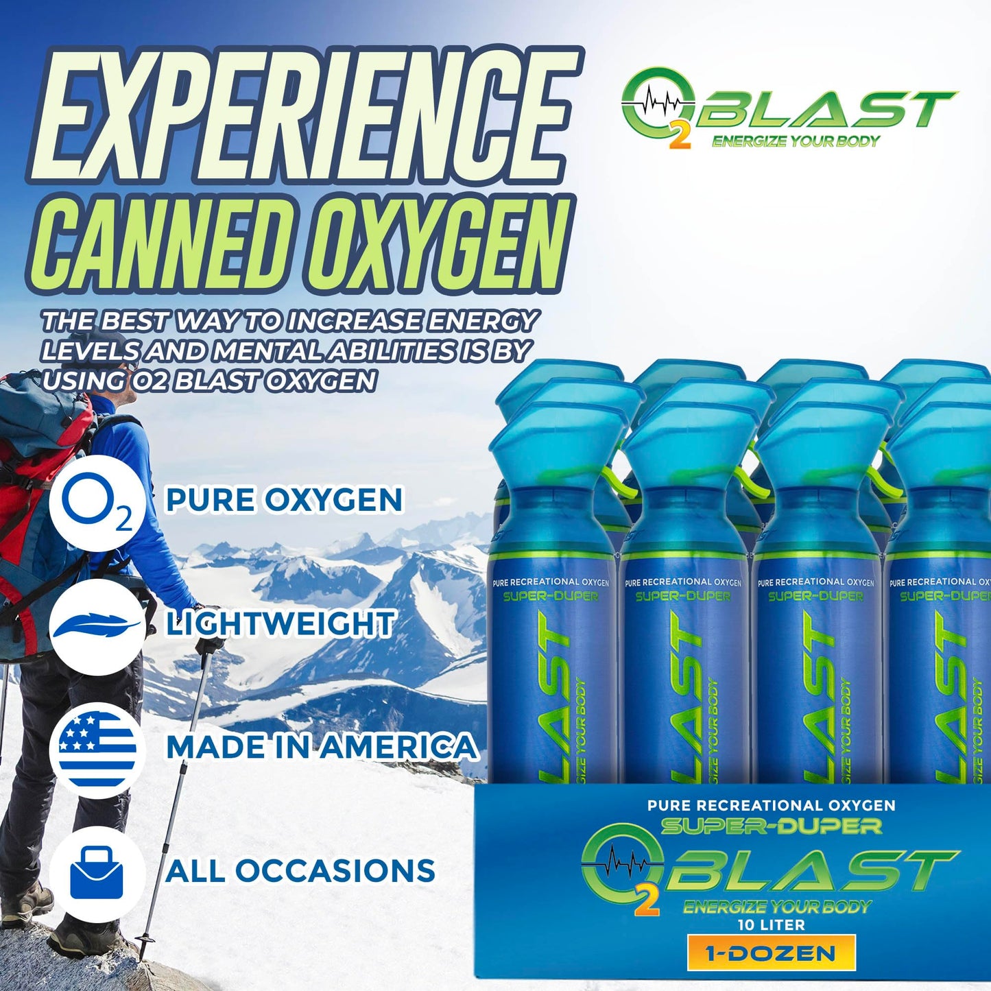 O2 Blast, Pure Oxygen Supplement, 10L Portable Can with Custom Breathing Mask for Respiratory Support, Elevate Oxygen Levels, Speed Recovery Time, Perfect for High Altitude & Sports Recovery (3-Pack)