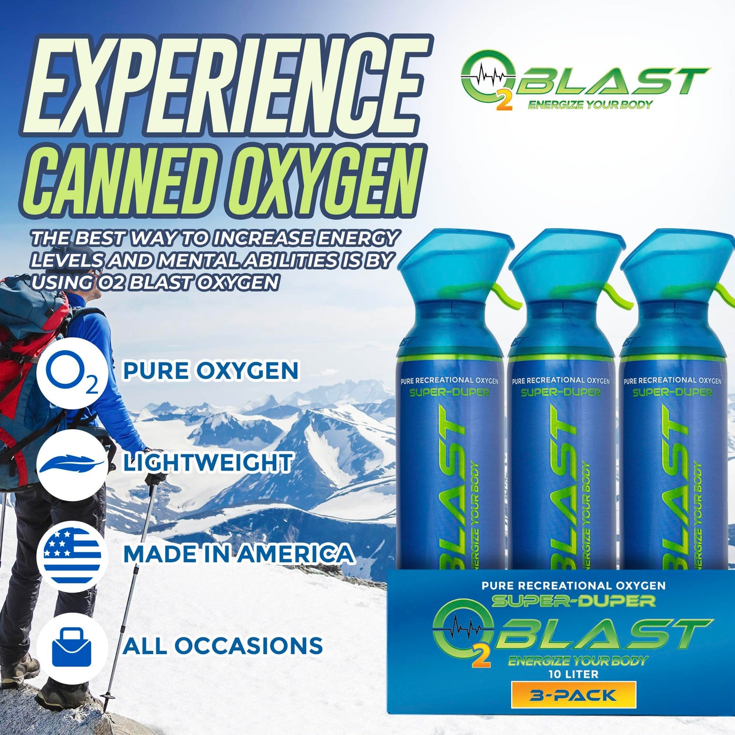 O2 Blast, Pure Oxygen Supplement, 10L Portable Can with Custom Breathing Mask for Respiratory Support, Elevate Oxygen Levels, Speed Recovery Time, Perfect for High Altitude & Sports Recovery (3-Pack)