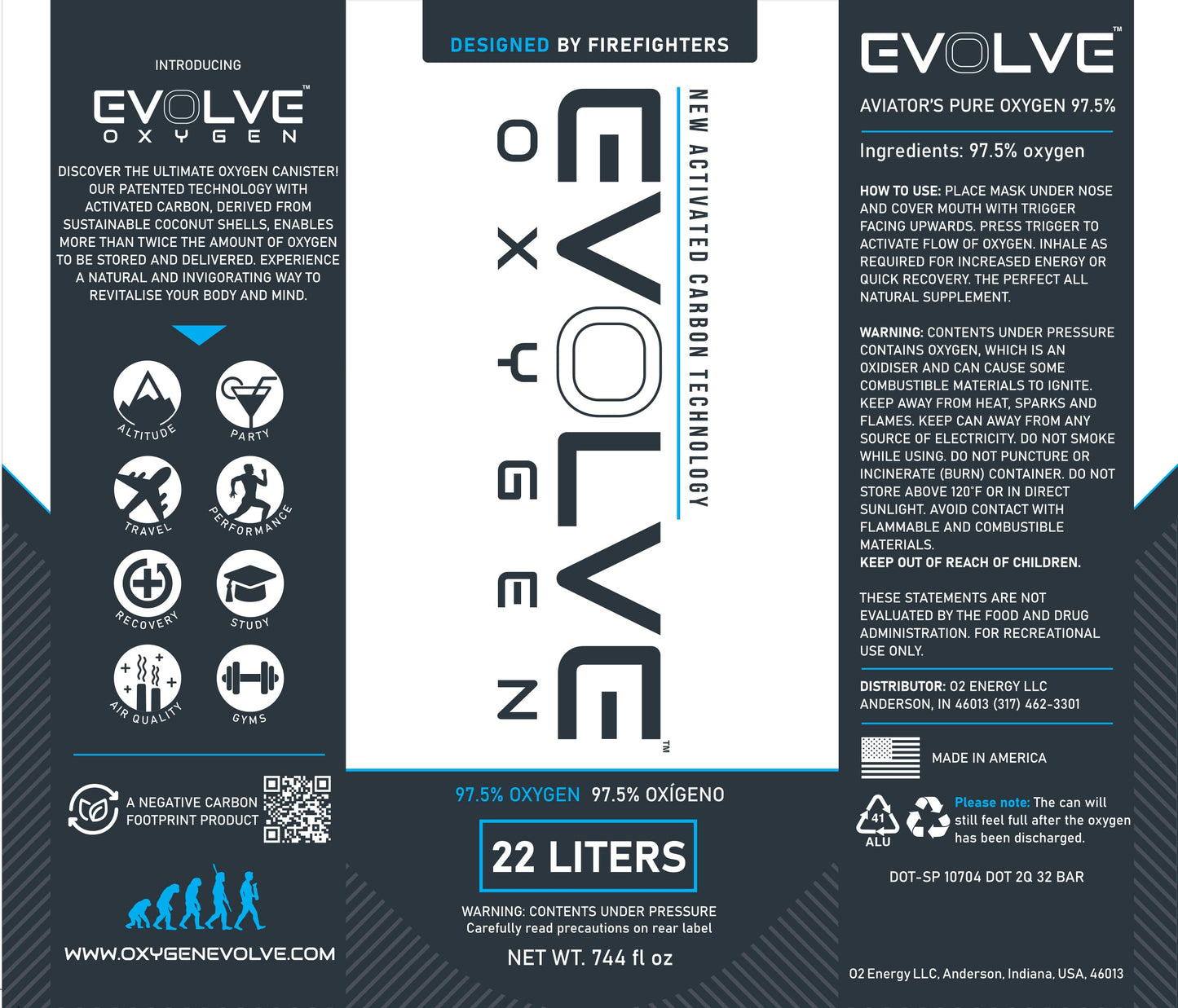 EVOLVE 22-Liter Pure Oxygen Canister with Breathing Cup | Portable Oxygen Can | Ideal for Home Use and Outdoor Activities | Designed by Firefighters | Made in The USA | Pack of 3