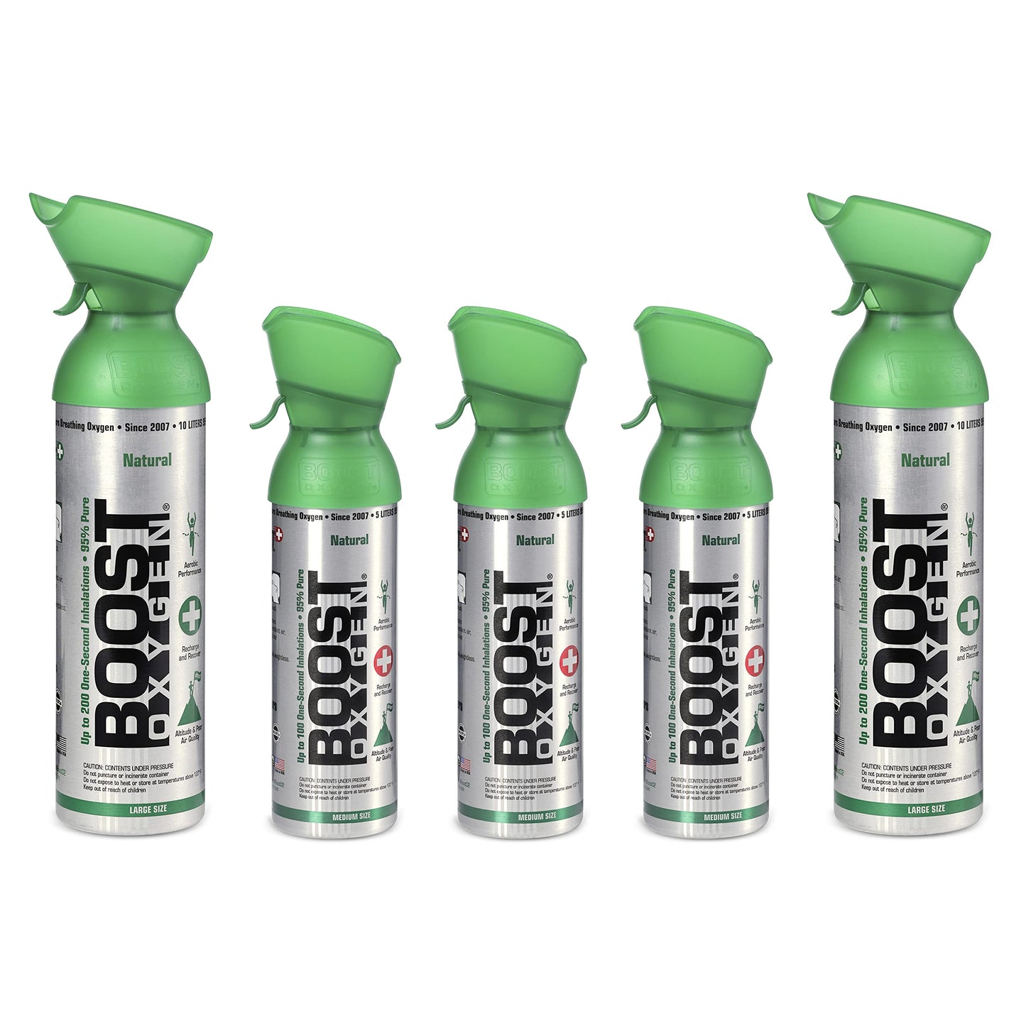 Boost Oxygen 10 Liter Canned Oxygen (2 Pack) and 5 Liter Canned Oxygen (3 Pack) with Built-in Mouthpiece for High Altitudes and Recovery, Flavorless