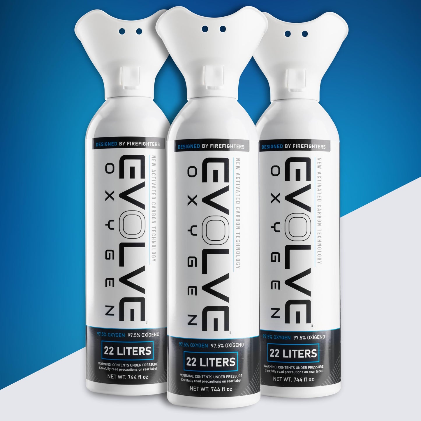 EVOLVE 22-Liter Pure Oxygen Canister with Breathing Cup | Portable Oxygen Can | Ideal for Home Use and Outdoor Activities | Designed by Firefighters | Made in The USA | Pack of 3