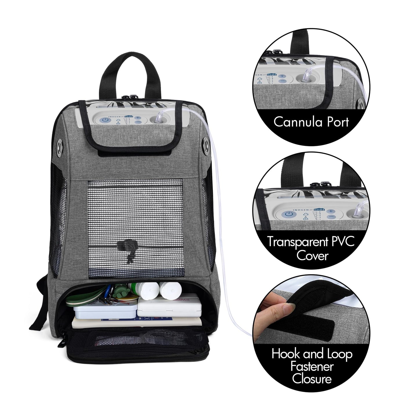 CURMIO Portable Oxygen Concentrators Backpack, Universal POC Travel Carrying Bag with Mesh Panels for Breathability, Compatible for Inogen, Oxygo, Caire Units, Gray, BAG ONLY