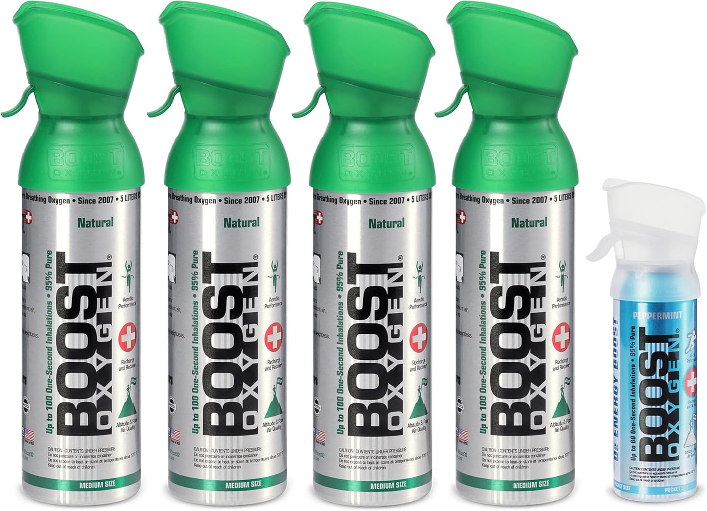 Boost Oxygen 4 Piece 5 Liter Natural Flavor and 3 Liter Peppermint Canned Oxygen Bottle Boost Cans with Easy to Use Mouthpiece (5 Pack)
