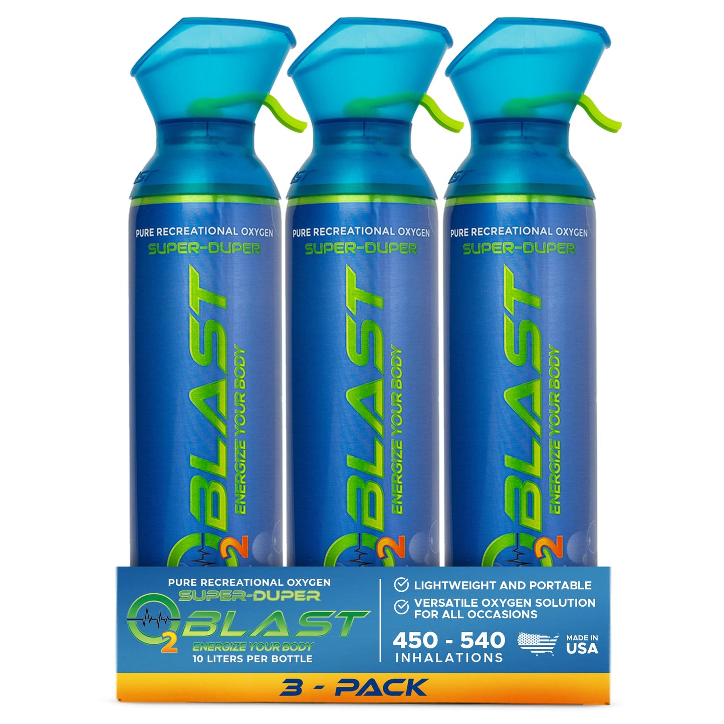 O2 Blast, Pure Oxygen Supplement, 10L Portable Can with Custom Breathing Mask for Respiratory Support, Elevate Oxygen Levels, Speed Recovery Time, Perfect for High Altitude & Sports Recovery (3-Pack)