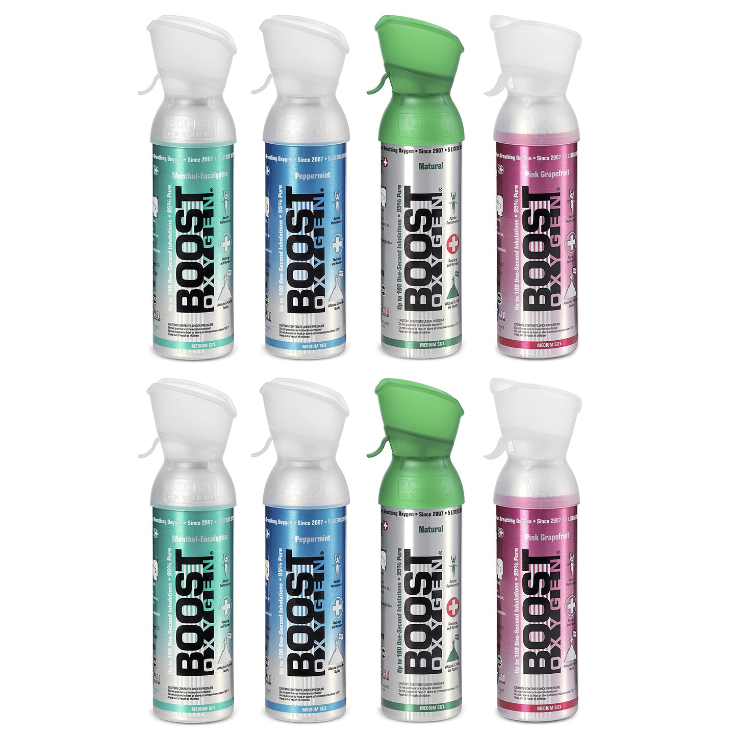Boost Oxygen Canned Oxygen for Breathing for Home Use, Exercise, or Altitude Sickness, Includes Sealed Cap & Mask, 5L Canister, Multicolor, Pack of 4
