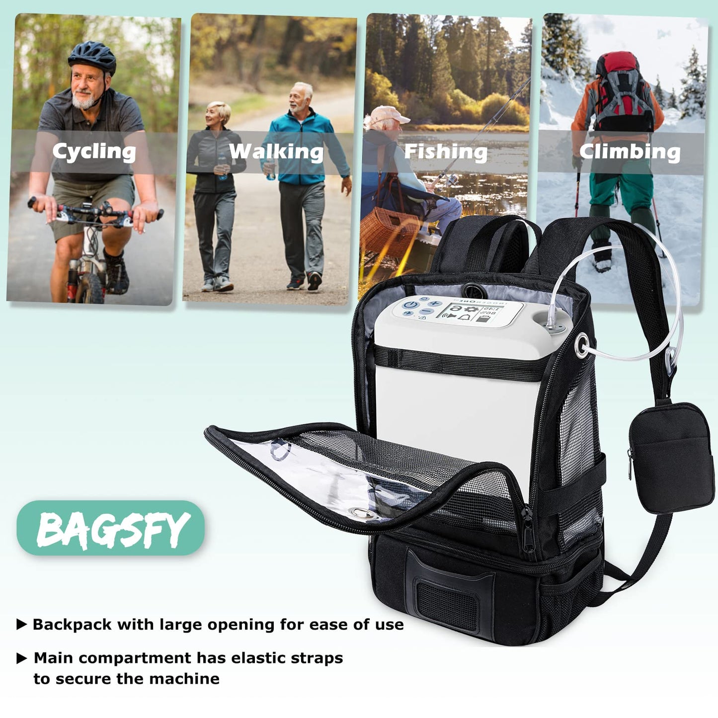 BAGSFY Portable Oxygen Concentrators Backpack Compatible with Inogen One G3 & Inogen One G5, Inogen Rove 6, Lightweight Oxygen Machine Carrying Bag (Black)