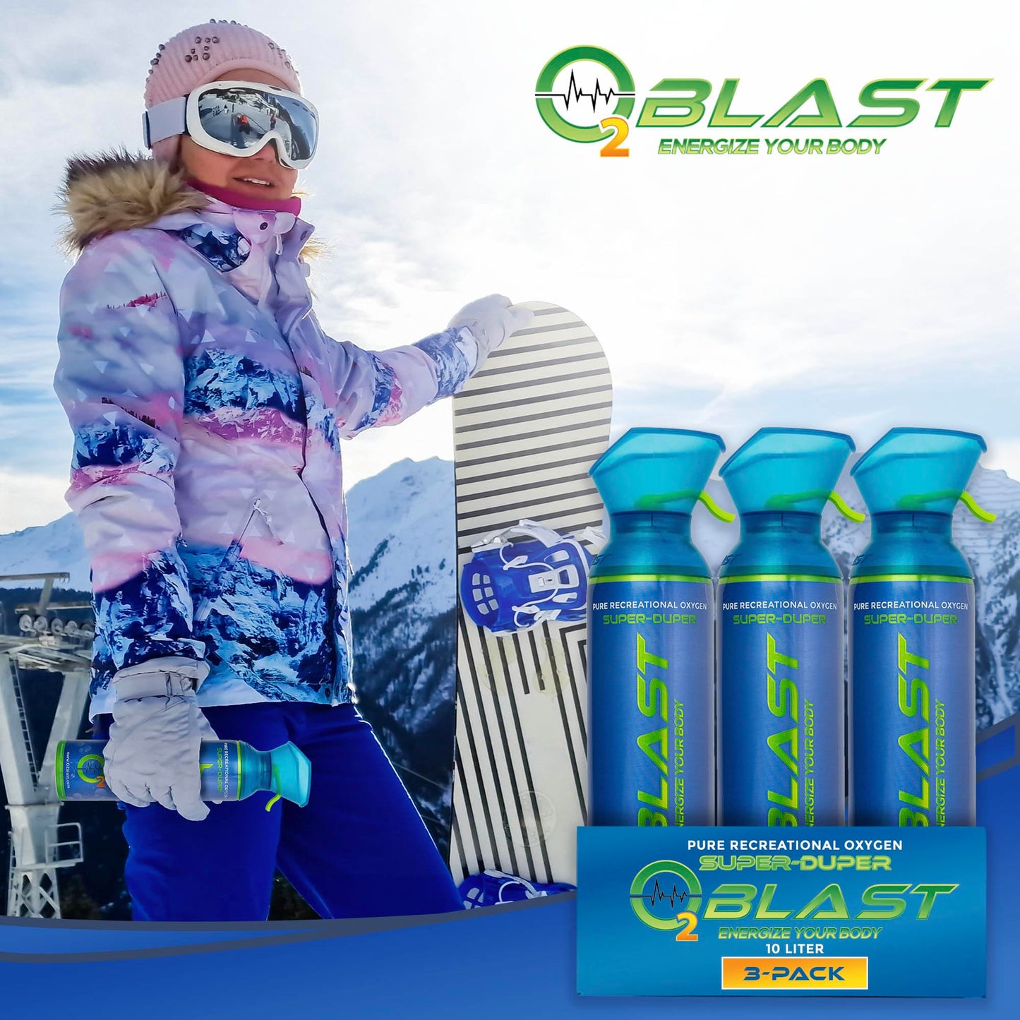 O2 Blast, Pure Oxygen Supplement, 10L Portable Can with Custom Breathing Mask for Respiratory Support, Elevate Oxygen Levels, Speed Recovery Time, Perfect for High Altitude & Sports Recovery (3-Pack)