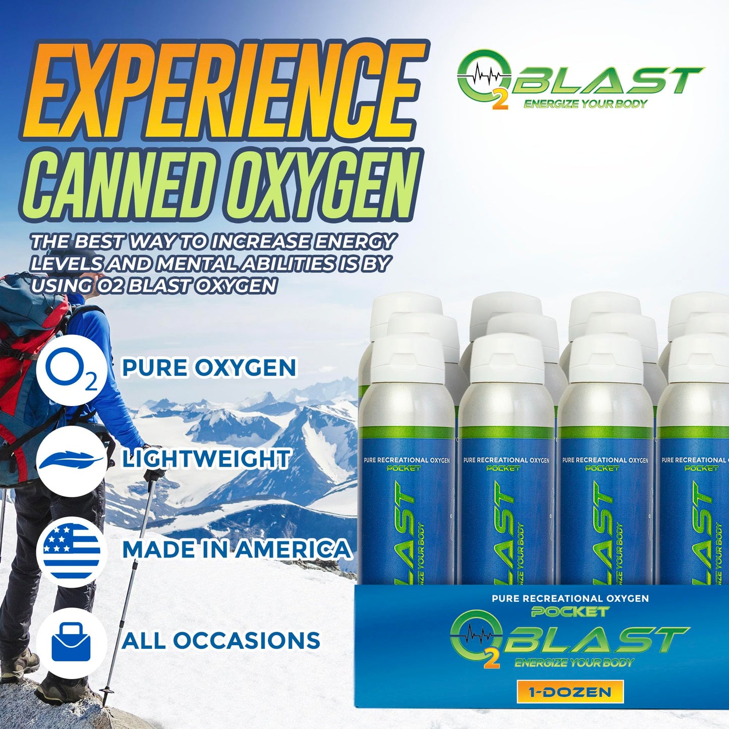 O2 Blast, Pure Oxygen Supplement, Quick Recovery for Exercise and Focus. Sanitary Flip Top Cap (4 Liter Oxygen Canisters - 3 Pack - Natural)
