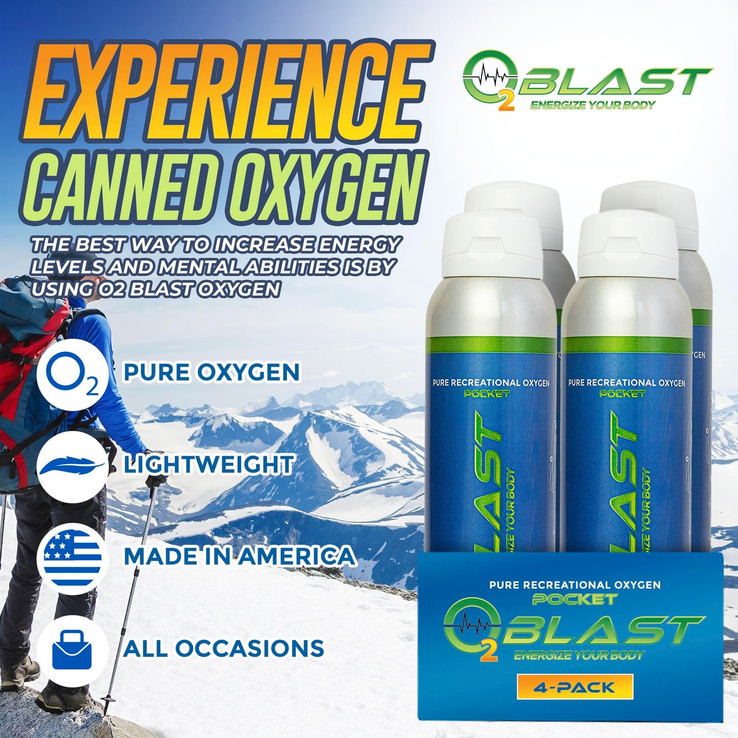 O2 Blast, Pure Oxygen Supplement, Quick Recovery for Exercise and Focus. Sanitary Flip Top Cap (4 Liter Oxygen Canisters - 3 Pack - Natural)