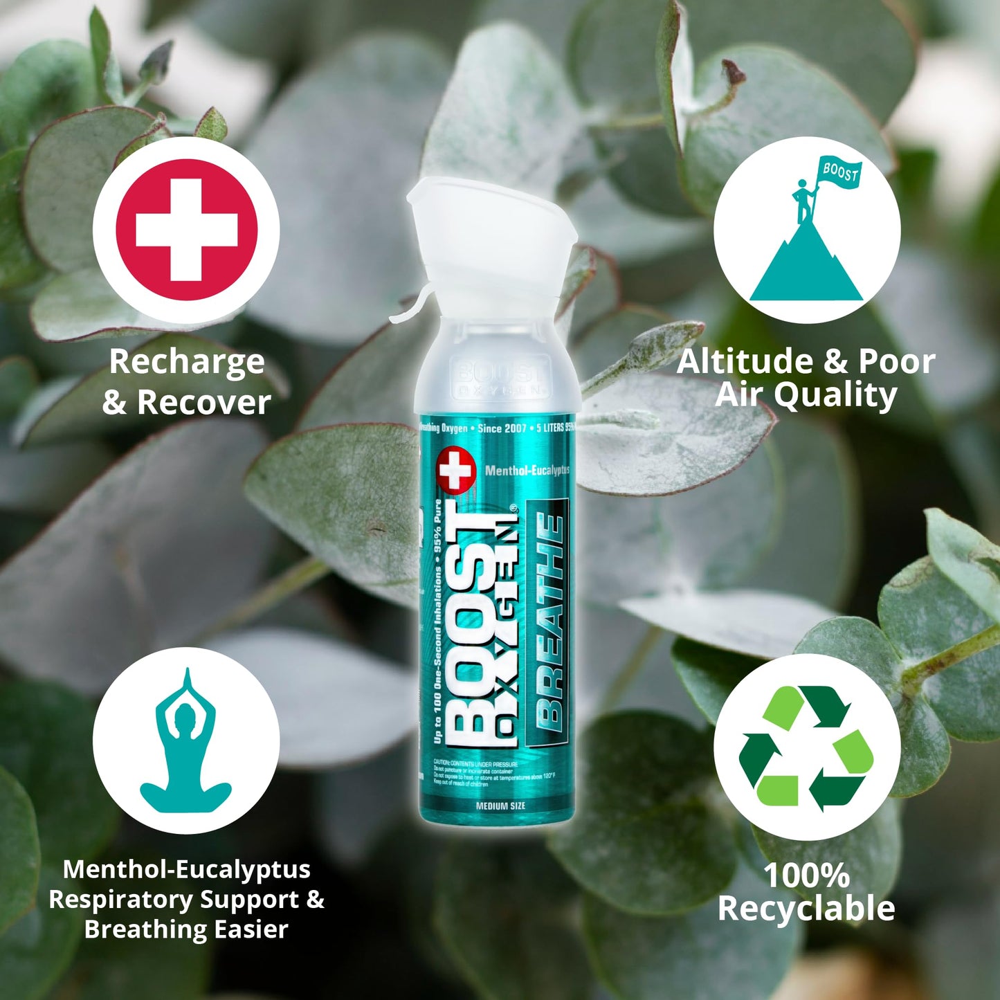 Boost Oxygen Canned Oxygen for Breathing for Home Use, Exercise, or Altitude Sickness, Includes Sealed Cap & Mask, 5L Canister, Multicolor, Pack of 4