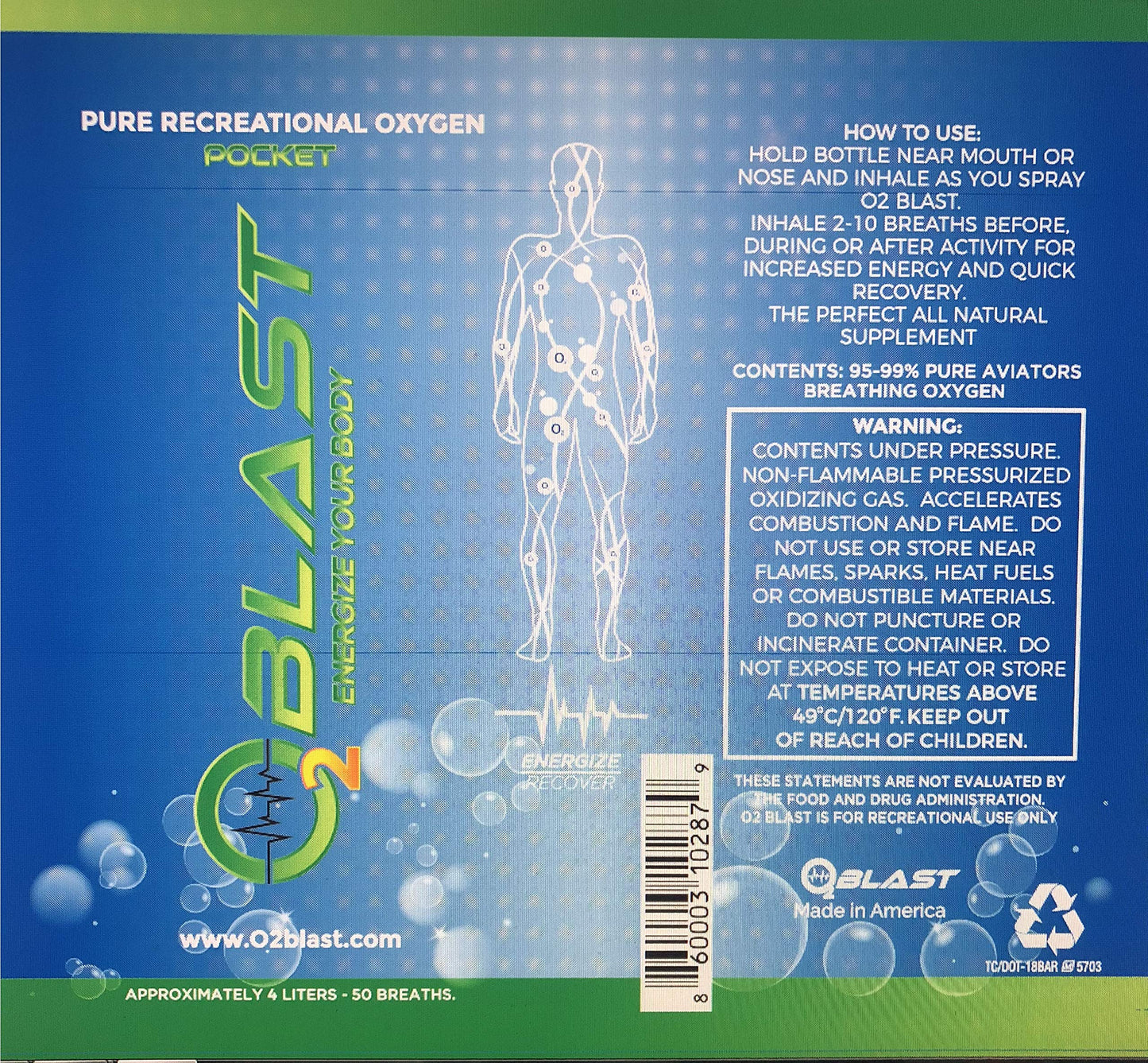 O2 Blast, Pure Oxygen Supplement, Quick Recovery for Exercise and Focus. Sanitary Flip Top Cap (4 Liter Oxygen Canisters - 3 Pack - Natural)