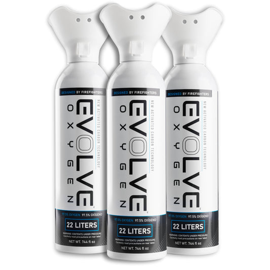 EVOLVE 22-Liter Pure Oxygen Canister with Breathing Cup | Portable Oxygen Can | Ideal for Home Use and Outdoor Activities | Designed by Firefighters | Made in The USA | Pack of 3
