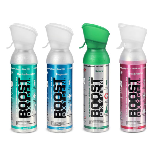 Boost Oxygen Canned Oxygen for Breathing for Home Use, Exercise, or Altitude Sickness, Includes Sealed Cap & Mask, 5L Canister, Multicolor, Pack of 4