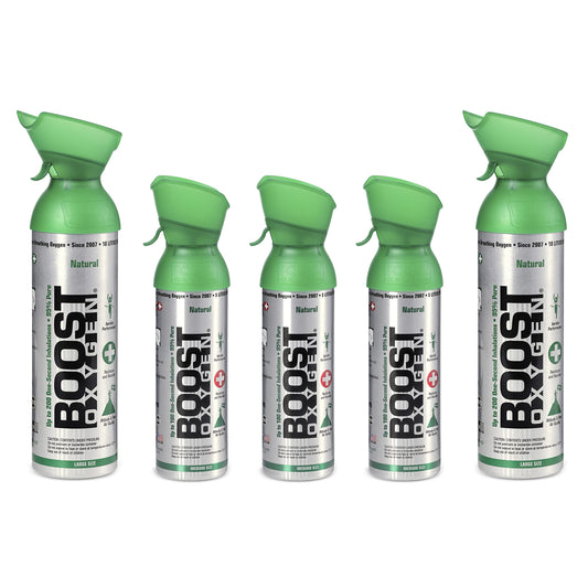 Boost Oxygen 10 Liter Canned Oxygen (2 Pack) and 5 Liter Canned Oxygen (3 Pack) with Built-in Mouthpiece for High Altitudes and Recovery, Flavorless