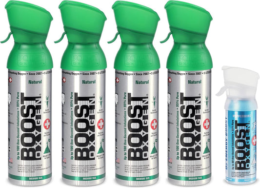 Boost Oxygen 4 Piece 5 Liter Natural Flavor and 3 Liter Peppermint Canned Oxygen Bottle Boost Cans with Easy to Use Mouthpiece (5 Pack)
