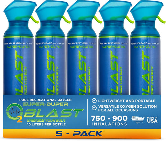 O2 Blast 95-99% Pure Oxygen, 10 Liter Portable Can 5 Pack with Custom Breathing Mask, Increase Stamina & Reduce Recovery Time, Ideal for High Altitude & Sports Recovery